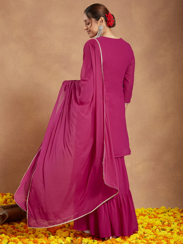 Pink Georgette Straight Embroidered 3-Piece Sharara Set