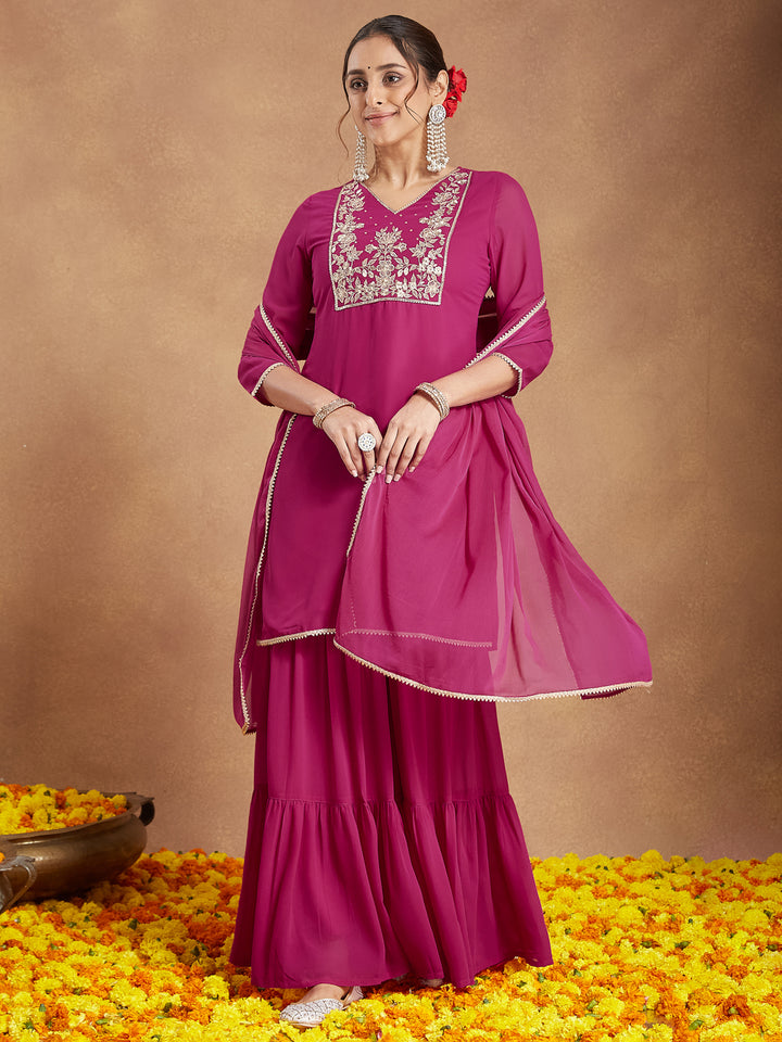 Pink Georgette Straight Embroidered 3-Piece Sharara Set