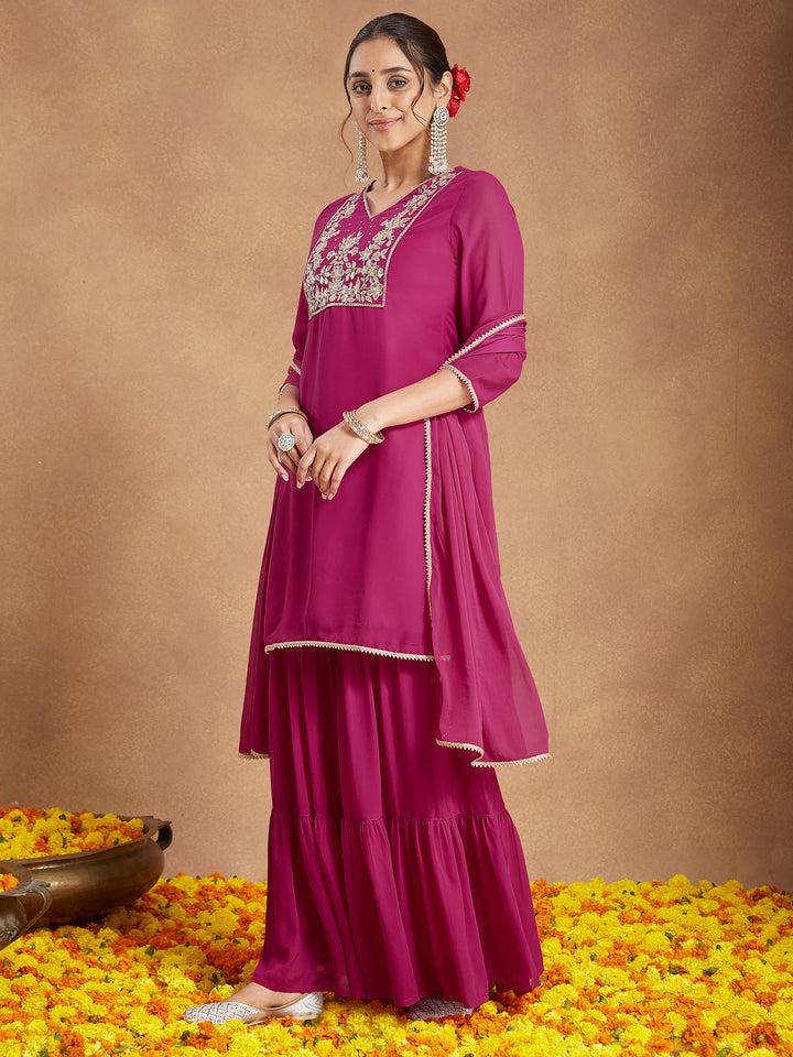 Pink Georgette Straight Embroidered 3-Piece Sharara Set