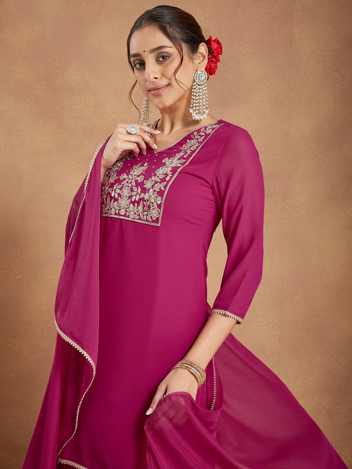 Pink Georgette Straight Embroidered 3-Piece Sharara Set
