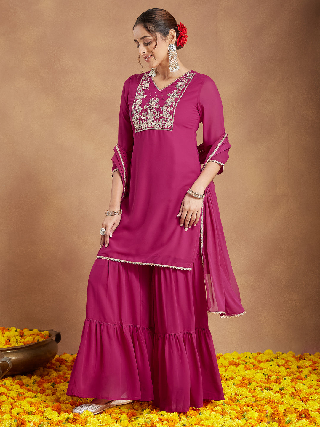 Pink Georgette Straight Embroidered 3-Piece Sharara Set