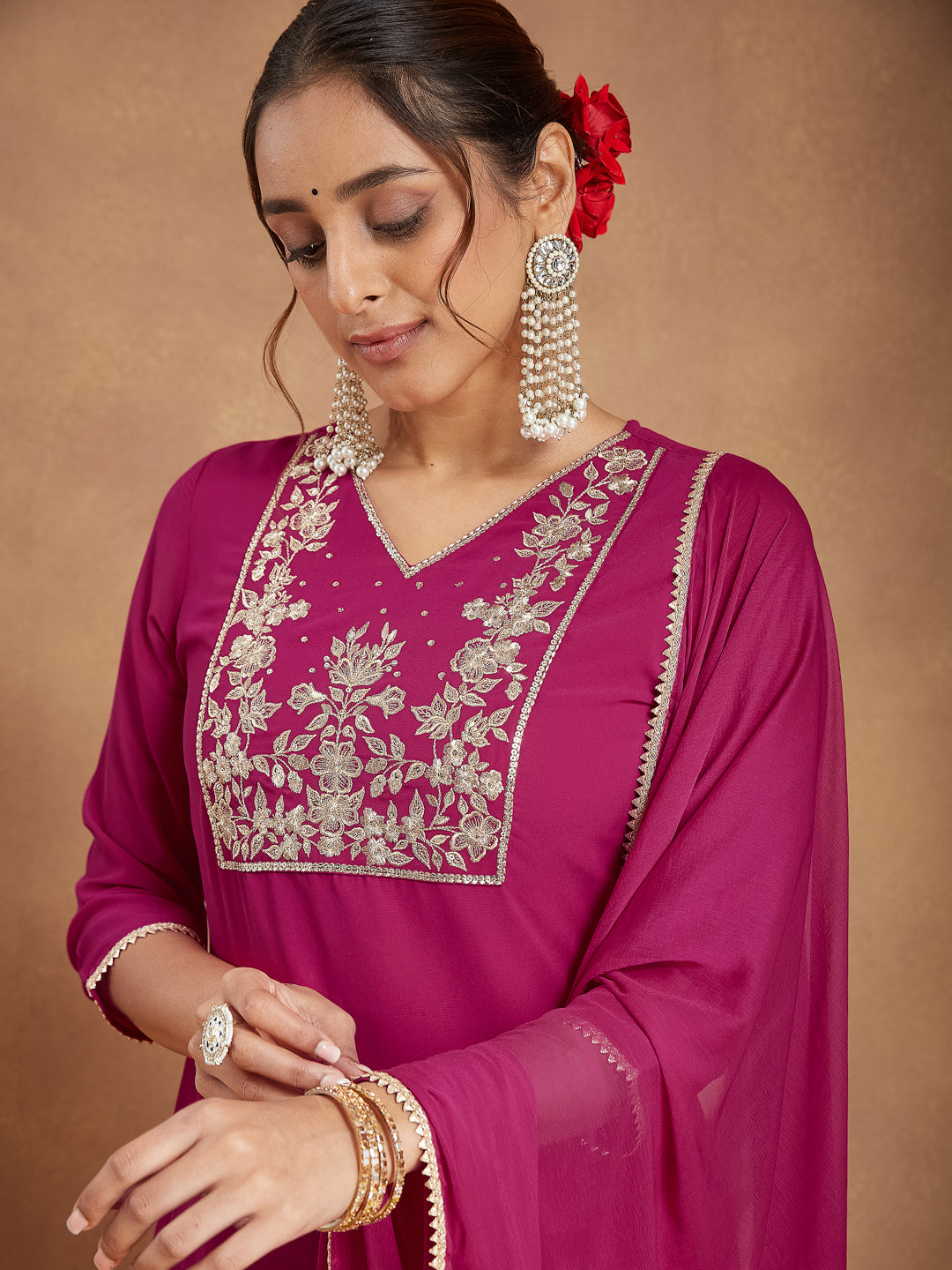 Pink Georgette Straight Embroidered 3-Piece Sharara Set