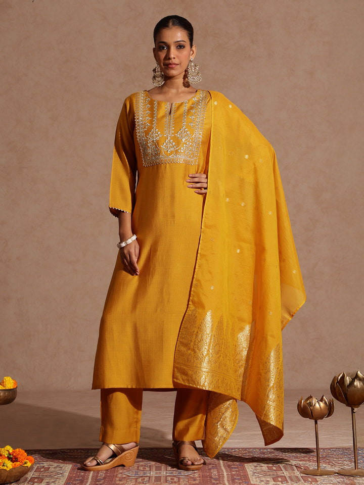 Mustard Silk Blend Embroidered 3-Piece Kurta Set