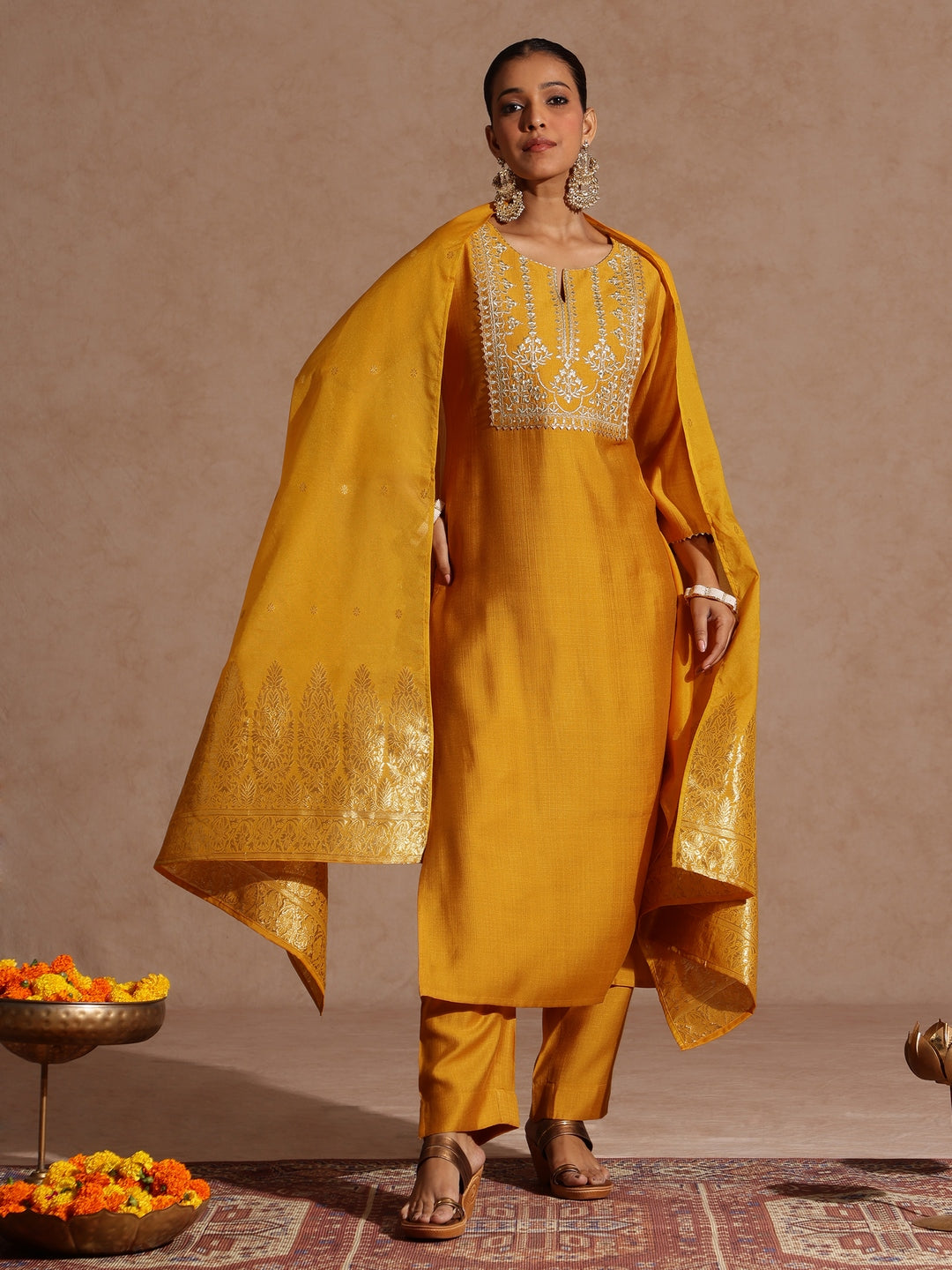 Mustard Silk Blend Embroidered 3-Piece Kurta Set