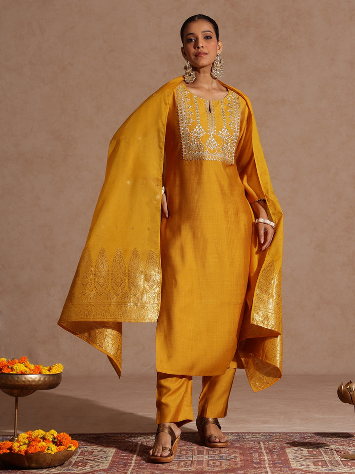 Mustard Silk Blend Embroidered 3-Piece Kurta Set