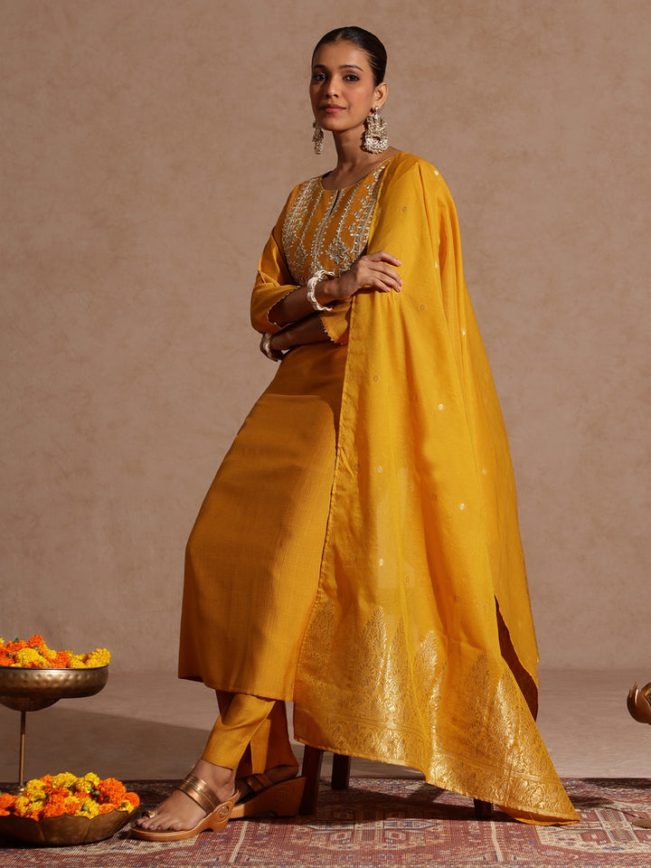 Mustard Silk Blend Embroidered 3-Piece Kurta Set
