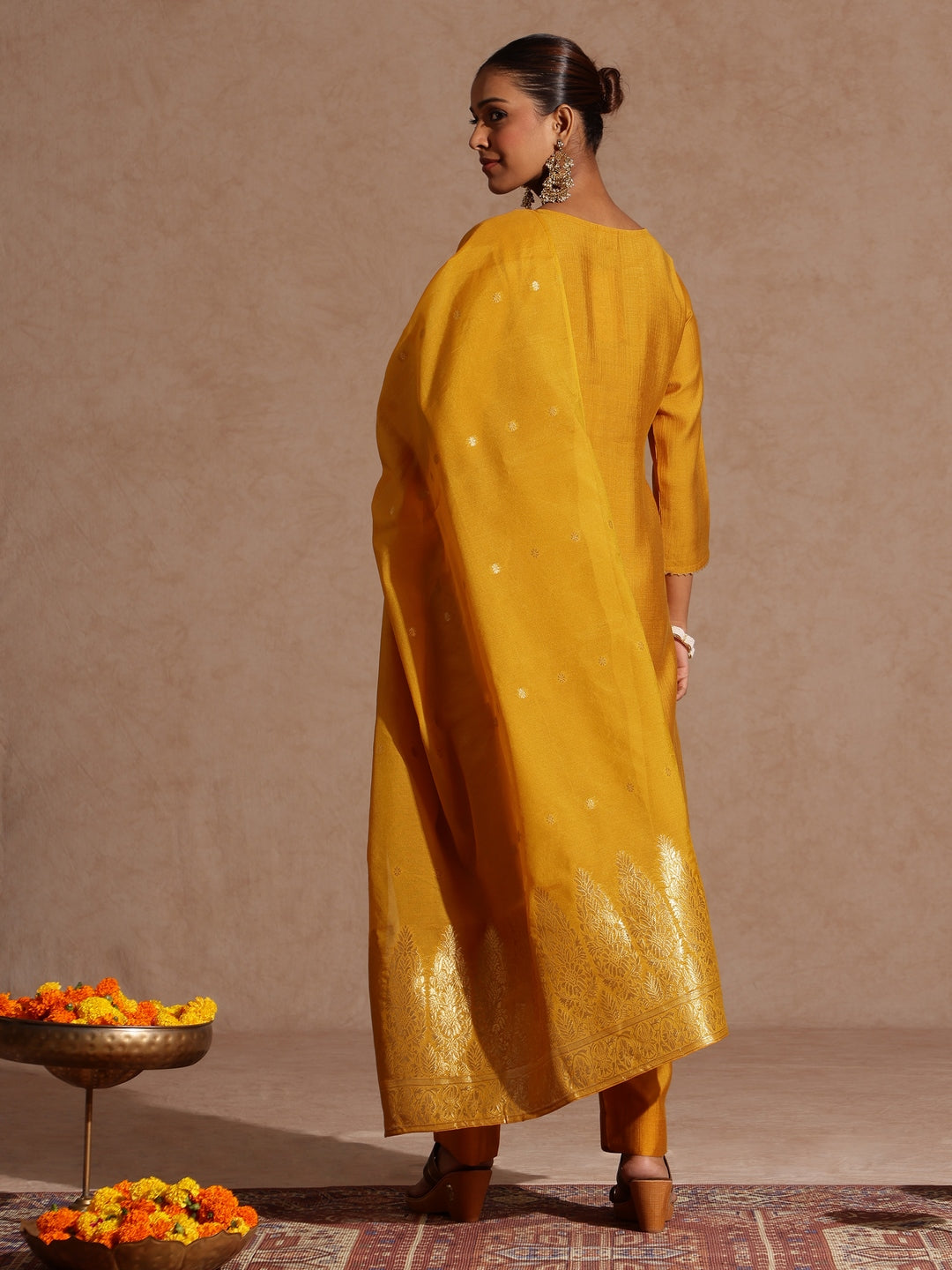 Mustard Silk Blend Embroidered 3-Piece Kurta Set