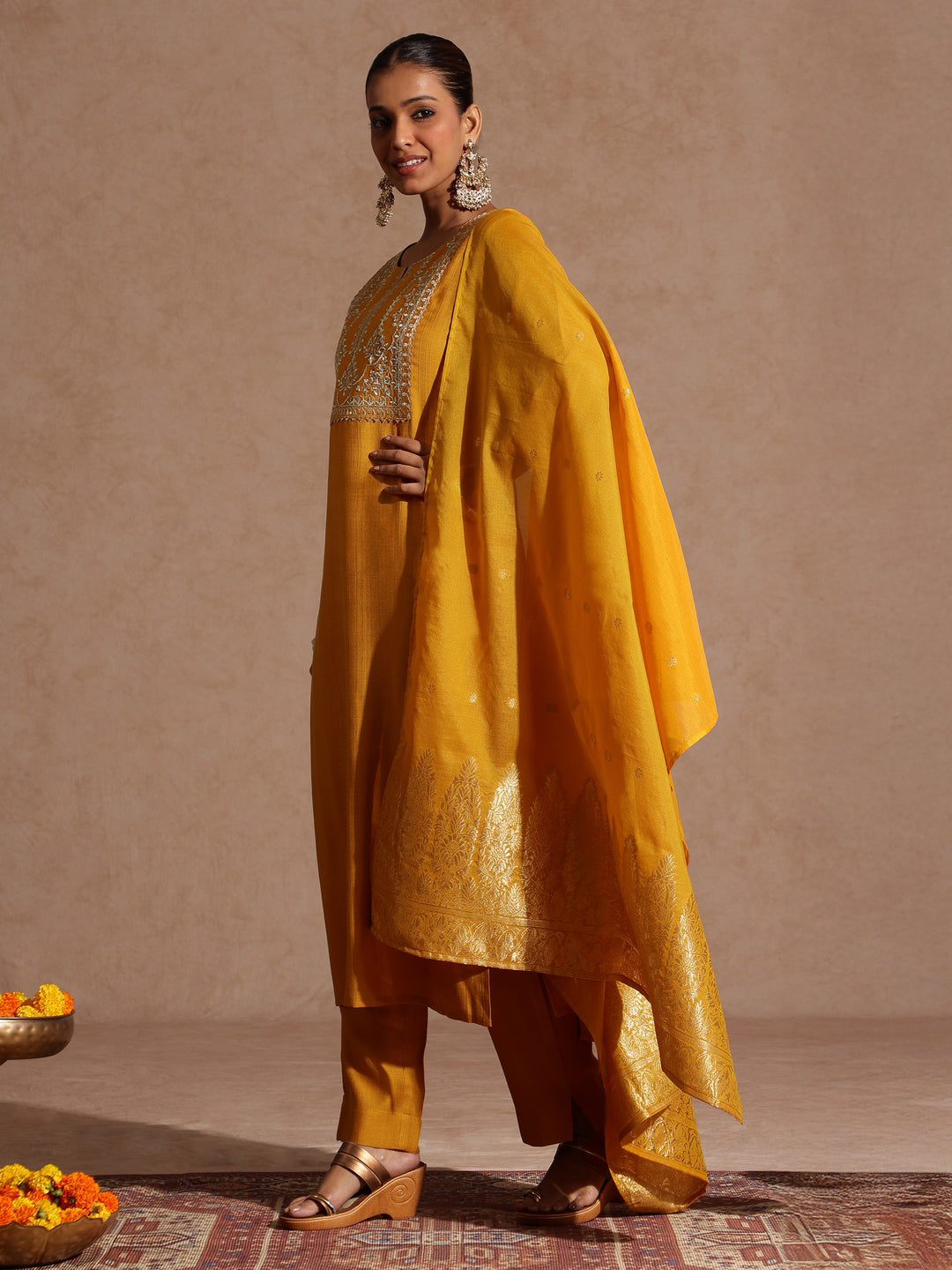 Mustard Silk Blend Embroidered 3-Piece Kurta Set
