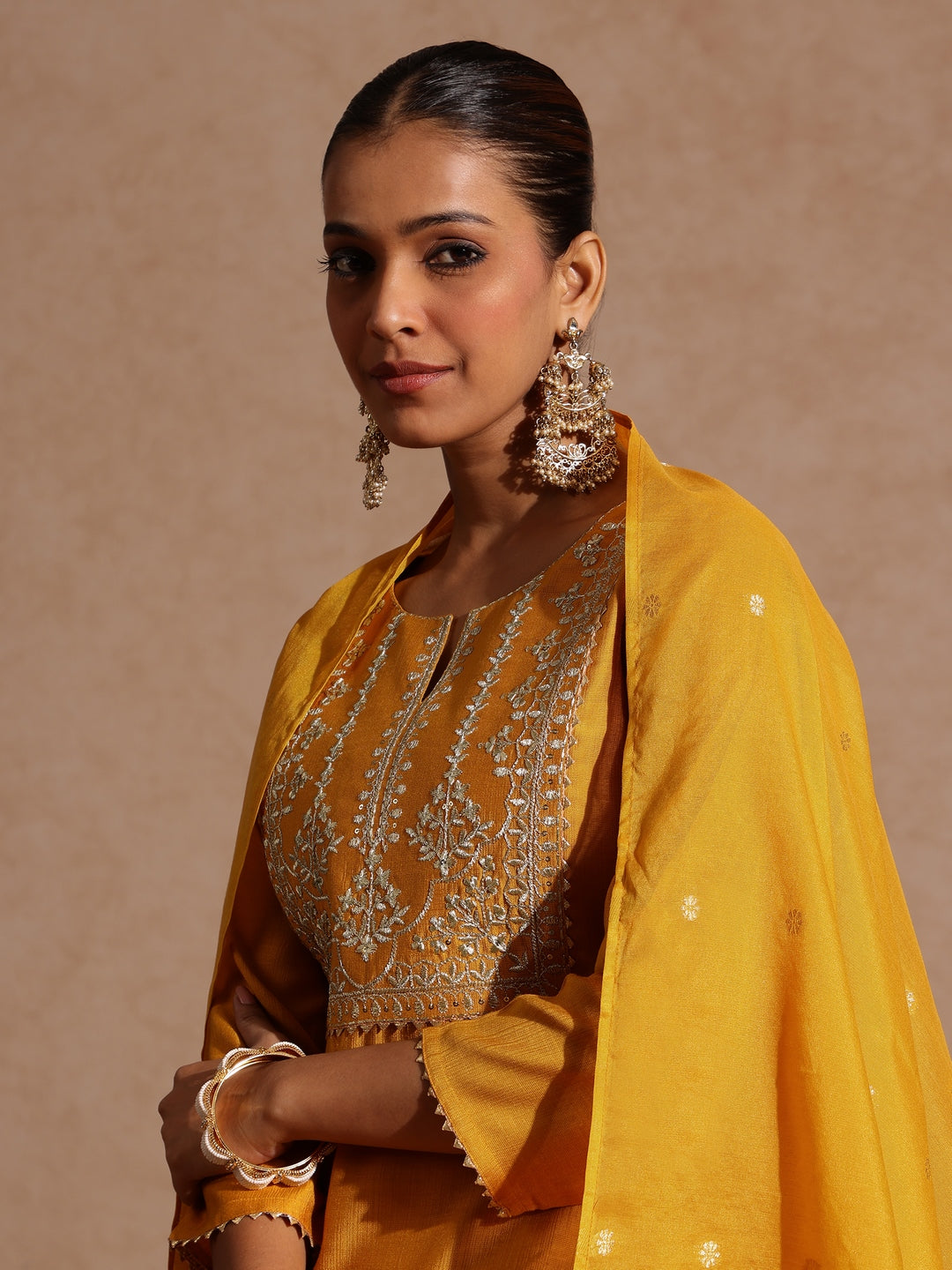 Mustard Silk Blend Embroidered 3-Piece Kurta Set