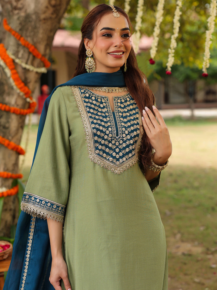 Sage Silk Blend Embroidered 3-Piece Kurta Set