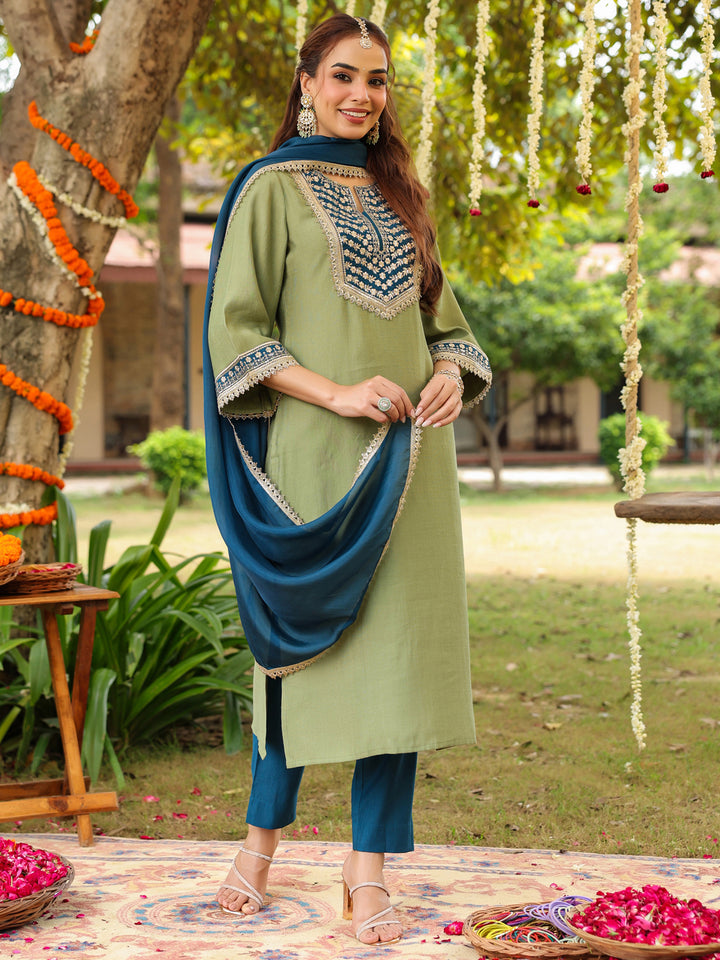 Sage Silk Blend Embroidered 3-Piece Kurta Set