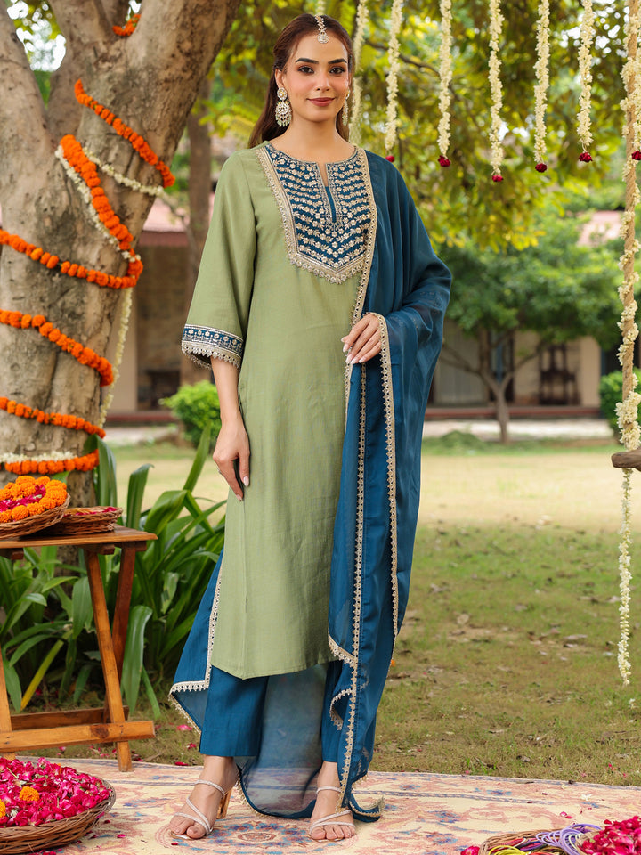 Sage Silk Blend Embroidered 3-Piece Kurta Set