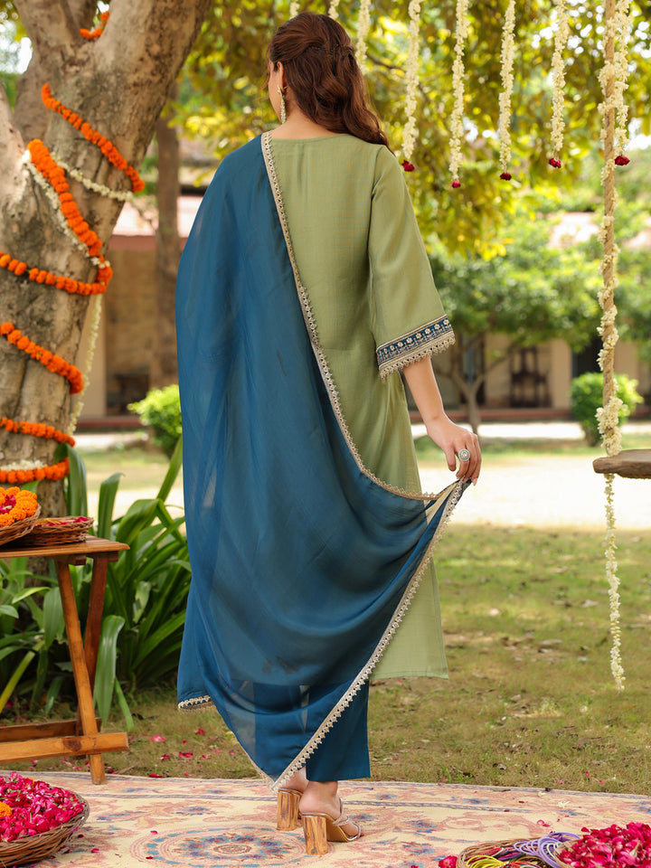 Sage Silk Blend Embroidered 3-Piece Kurta Set