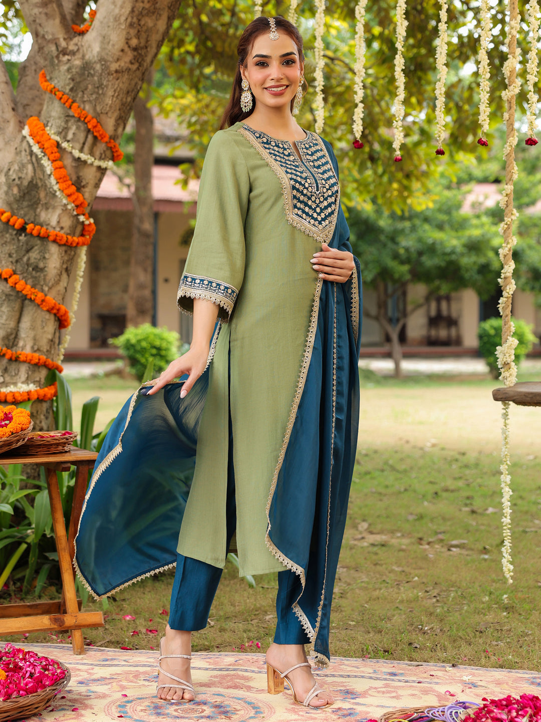 Sage Silk Blend Embroidered 3-Piece Kurta Set
