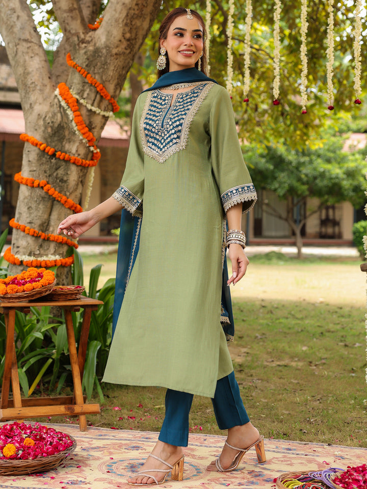 Sage Silk Blend Embroidered 3-Piece Kurta Set