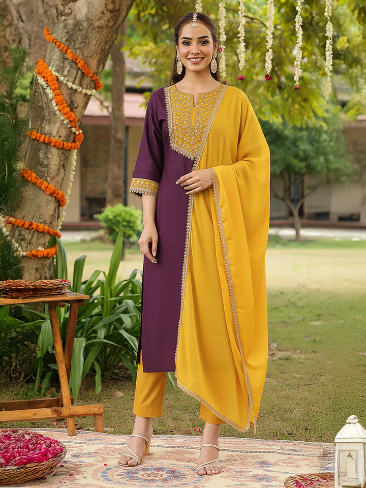 Purple Silk Blend Embroidered 3-Piece Kurta Set