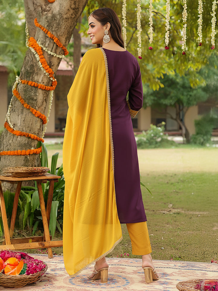 Purple Silk Blend Embroidered 3-Piece Kurta Set