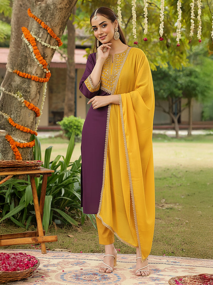Purple Silk Blend Embroidered 3-Piece Kurta Set