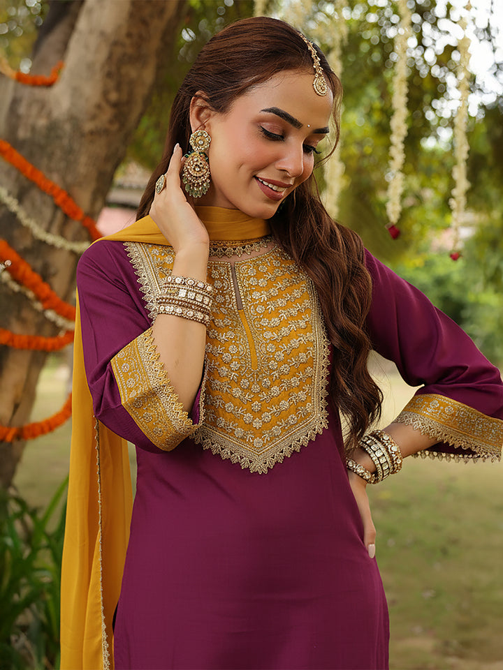 Purple Silk Blend Embroidered 3-Piece Kurta Set