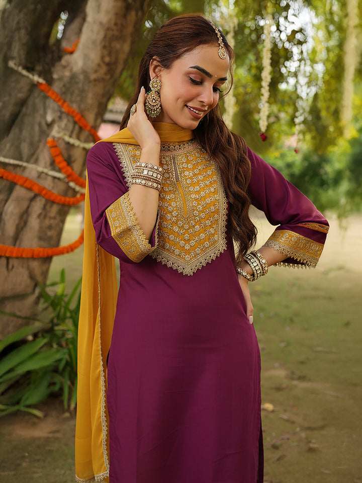 Purple Silk Blend Embroidered 3-Piece Kurta Set