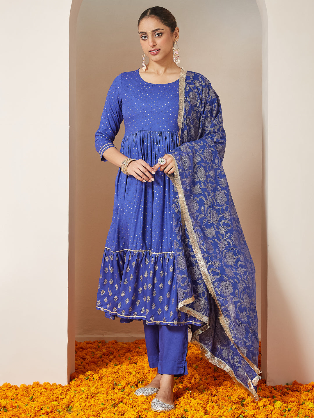 Blue-Cotton-A-Line-Foil-Print-3-Piece-Kurta-Set