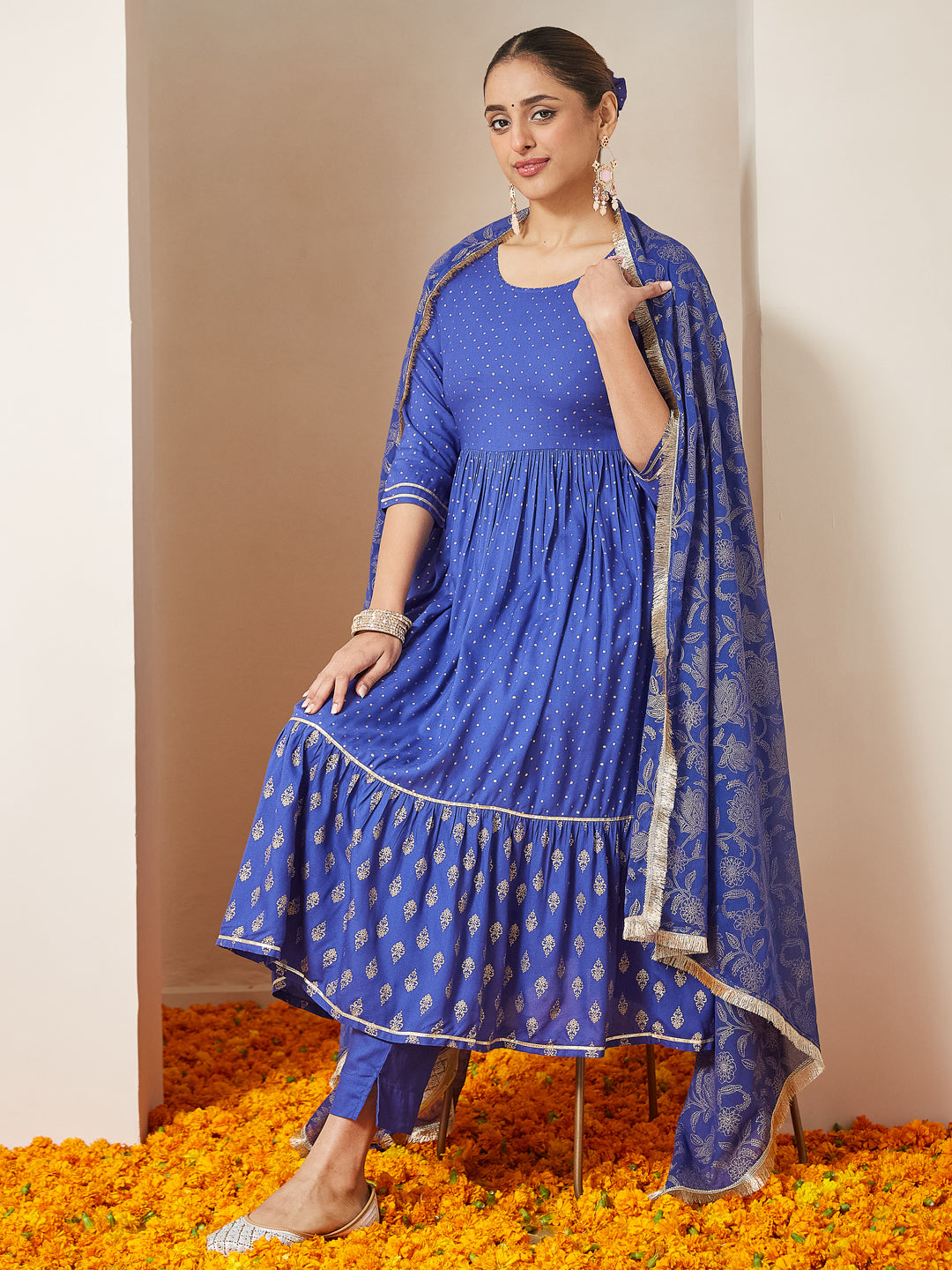 Blue Cotton A-Line Foil Print 3-Piece Kurta Set