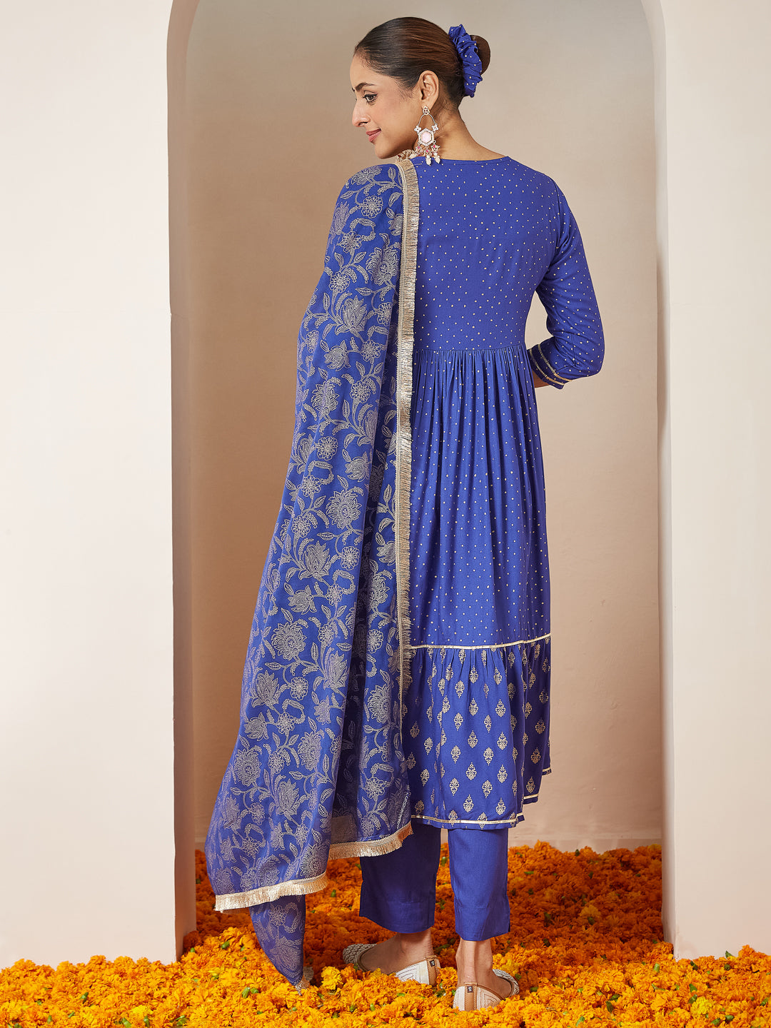 Blue Cotton A-Line Foil Print 3-Piece Kurta Set