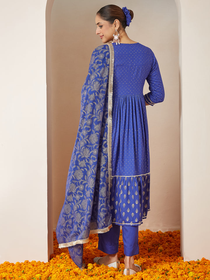 Blue Cotton A-Line Foil Print 3-Piece Kurta Set