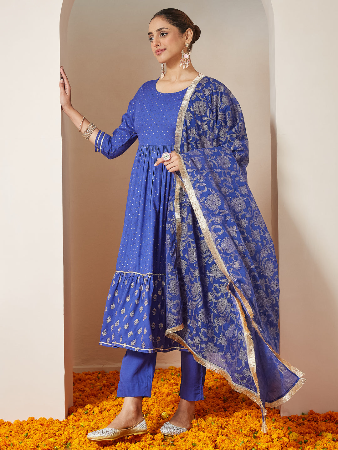 Blue Cotton A-Line Foil Print 3-Piece Kurta Set