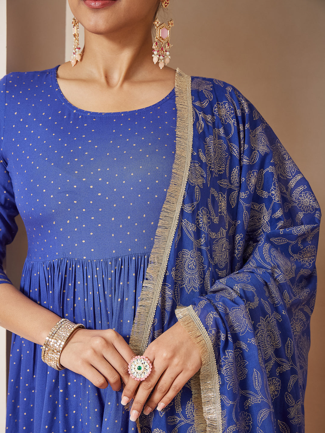 Blue Cotton A-Line Foil Print 3-Piece Kurta Set