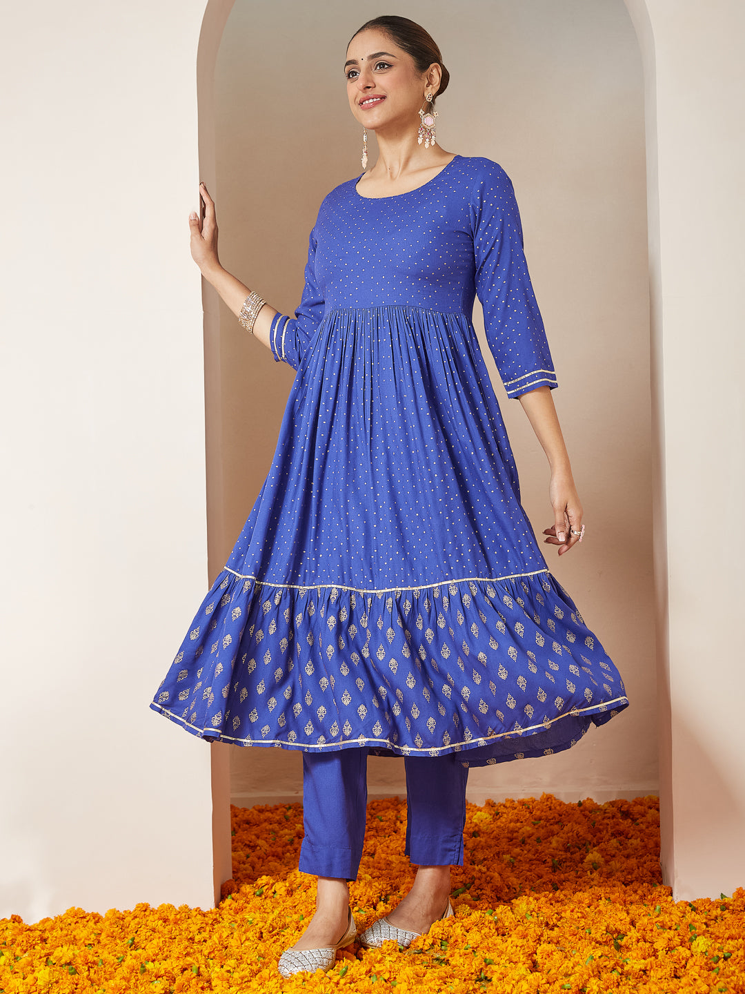 Blue Cotton A-Line Foil Print 3-Piece Kurta Set