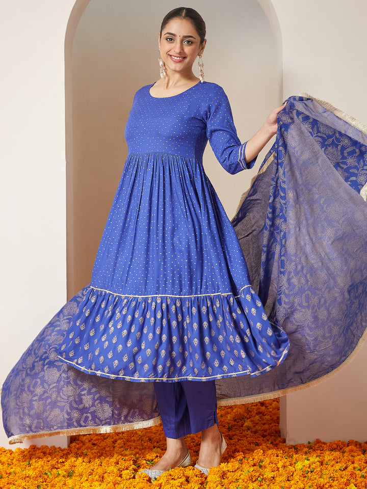 Blue Cotton A-Line Foil Print 3-Piece Kurta Set