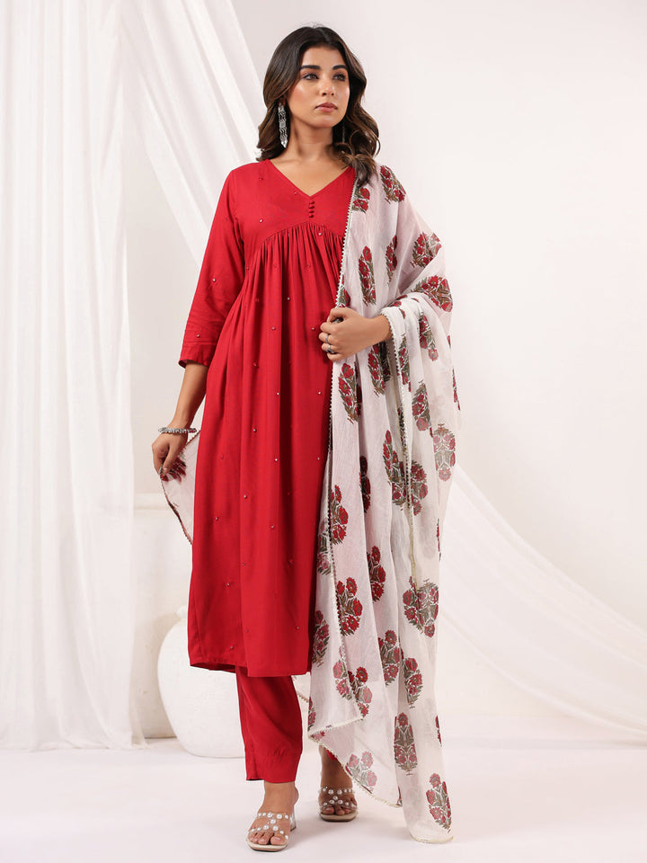 Red-Rayon-A-Line-Embellished-3-Piece-Kurta-Set