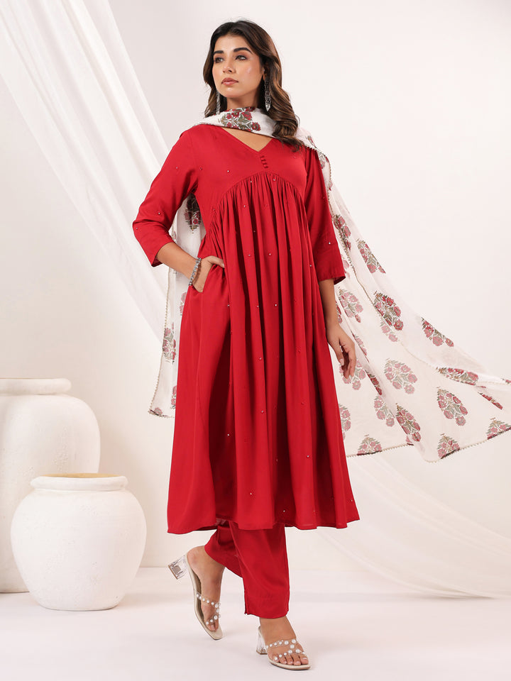 Red-Rayon-A-Line-Embellished-3-Piece-Kurta-Set