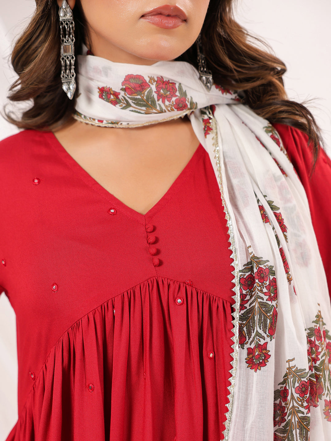 Red-Rayon-A-Line-Embellished-3-Piece-Kurta-Set