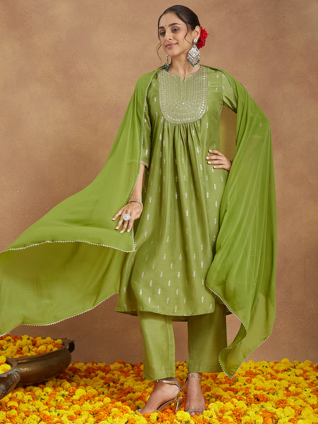Green Muslin A-Line Foil Print 3-Piece Kurta Set