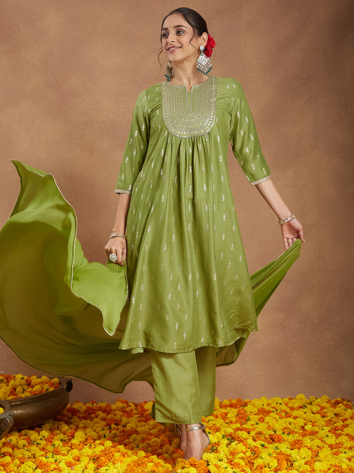 Green Muslin A-Line Foil Print 3-Piece Kurta Set