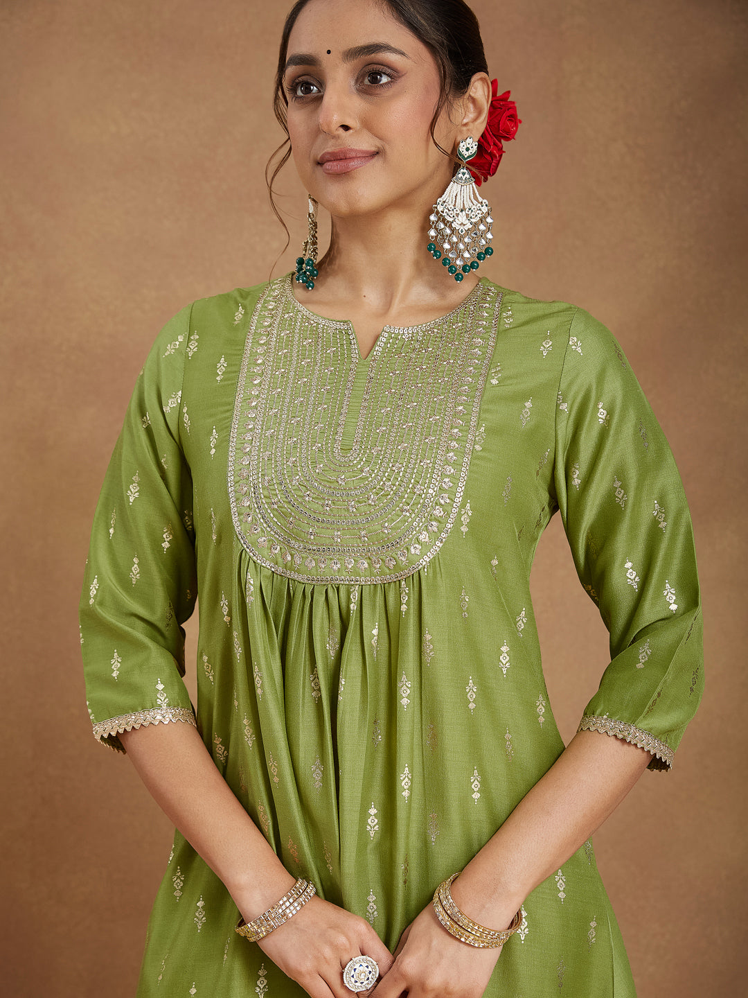 Green Muslin A-Line Foil Print 3-Piece Kurta Set
