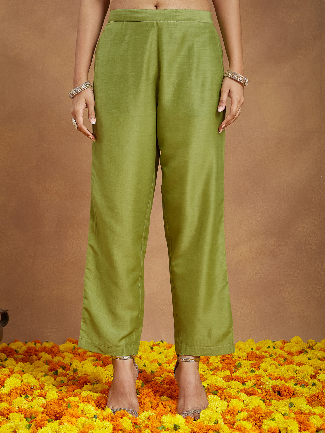 Green Muslin A-Line Foil Print 3-Piece Kurta Set