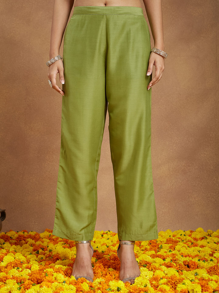 Green Muslin A-Line Foil Print 3-Piece Kurta Set