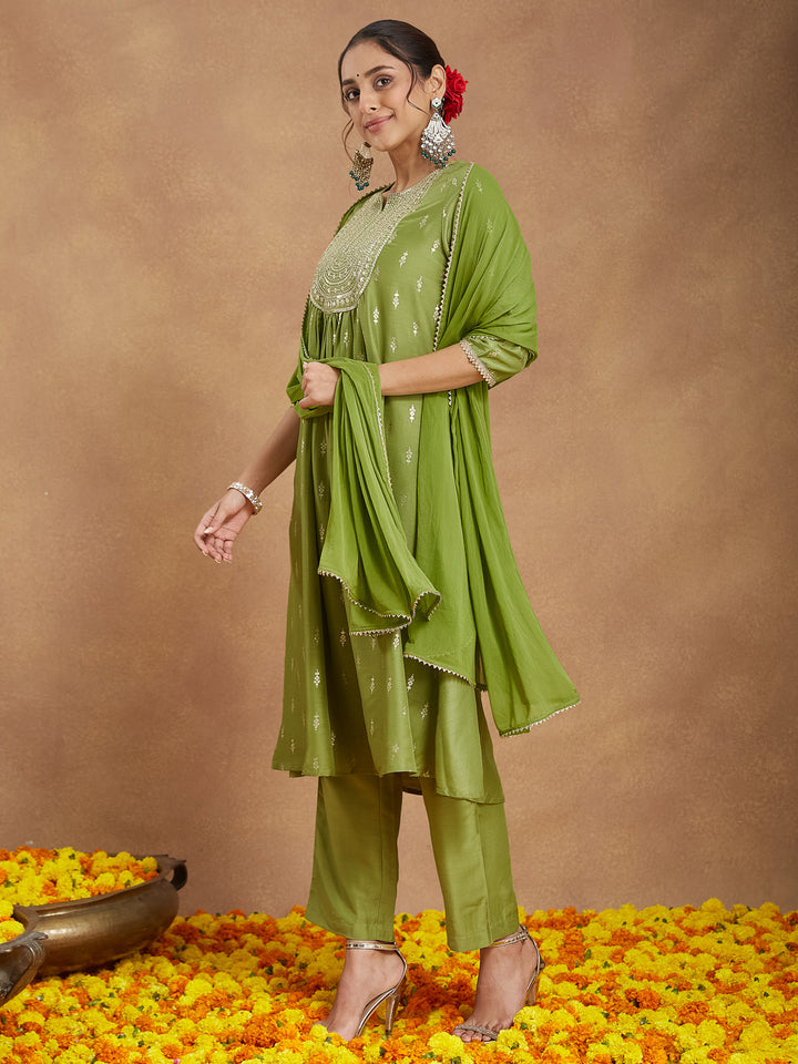 Green Muslin A-Line Foil Print 3-Piece Kurta Set