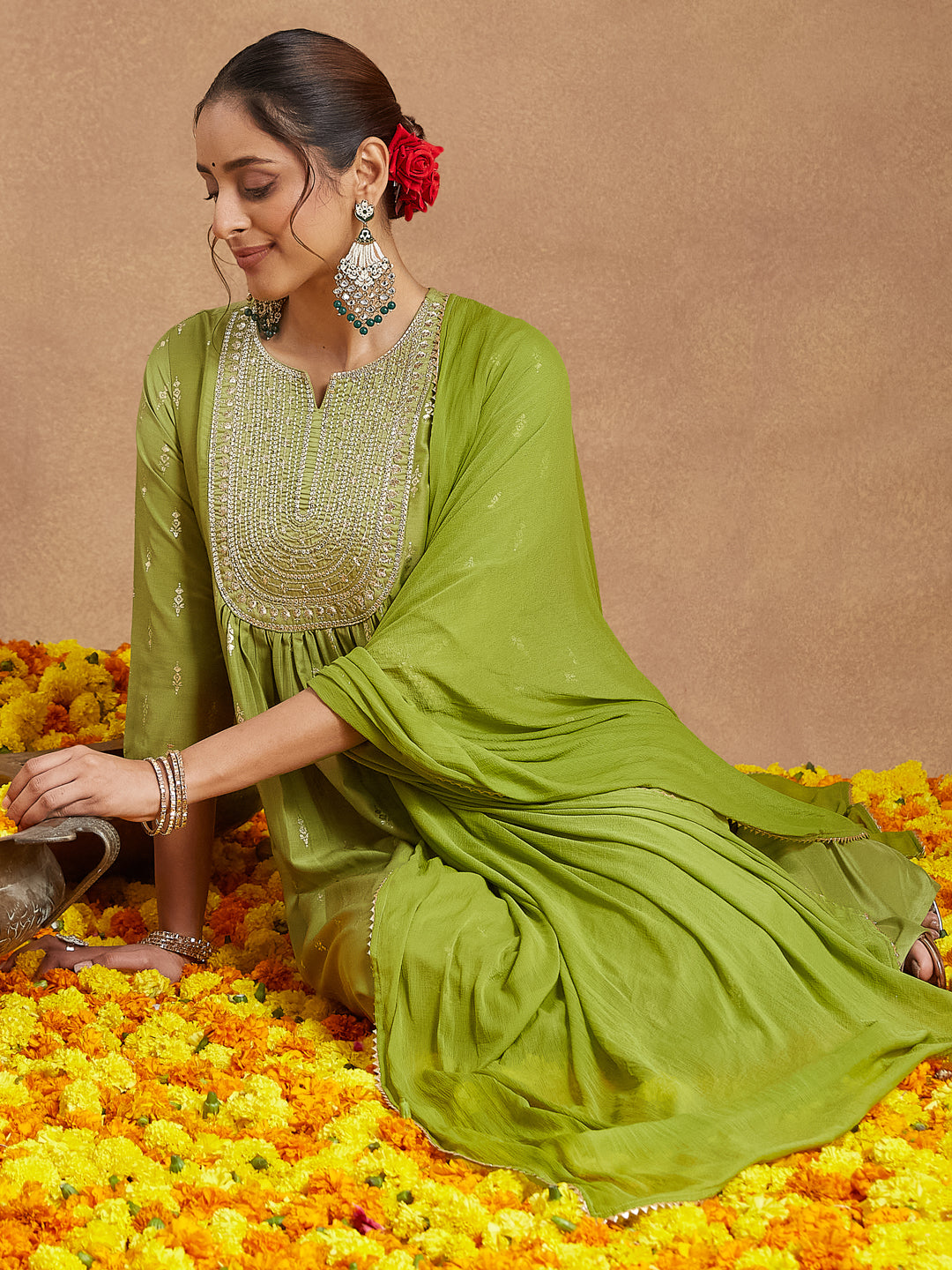 Green Muslin A-Line Foil Print 3-Piece Kurta Set