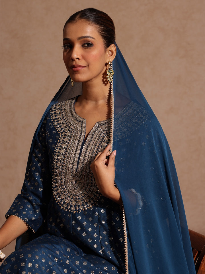 Teal Silk Blend Yoke Embroidery 3-Piece Kurta Set