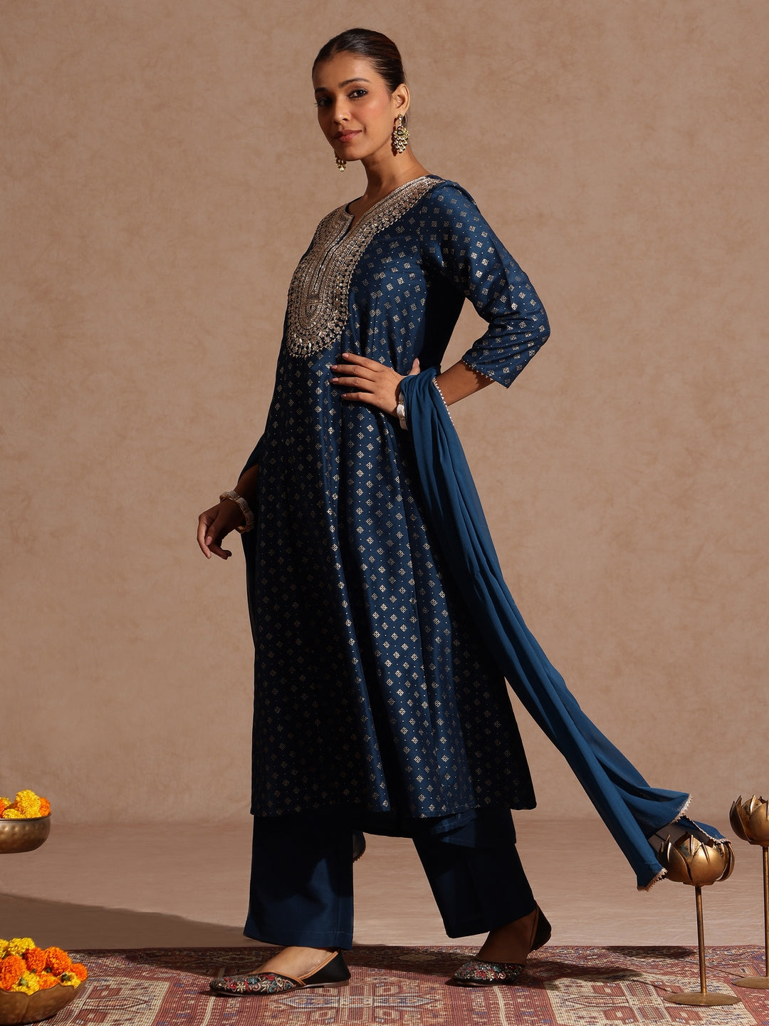 Teal Silk Blend Yoke Embroidery 3-Piece Kurta Set