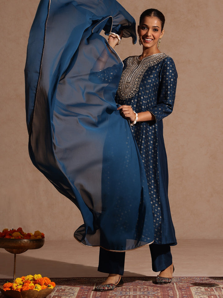 Teal Silk Blend Yoke Embroidery 3-Piece Kurta Set