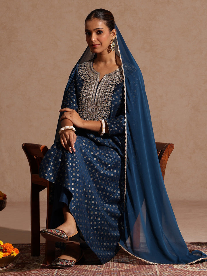 Teal Silk Blend Yoke Embroidery 3-Piece Kurta Set