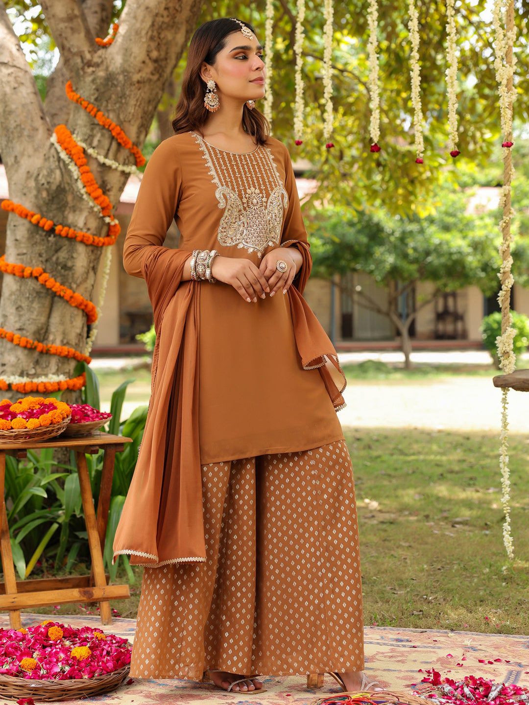 Brown Weightless Georgette Straight Embroidered 3-Piece Kurta Set