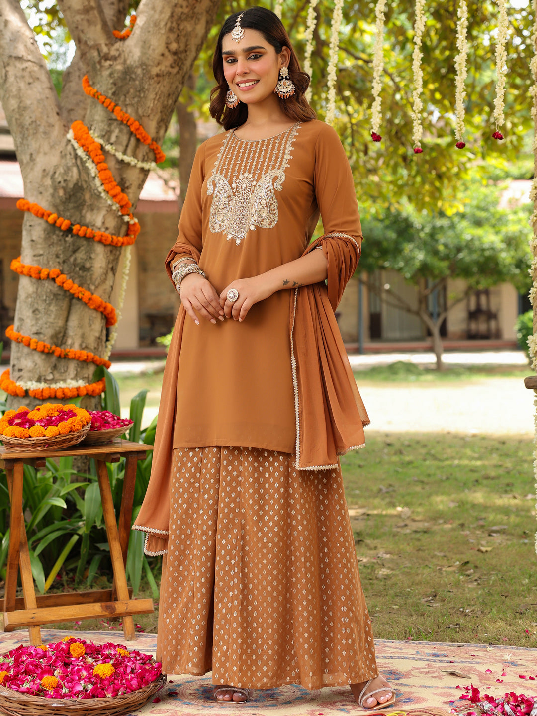 Brown Weightless Georgette Straight Embroidered 3-Piece Kurta Set