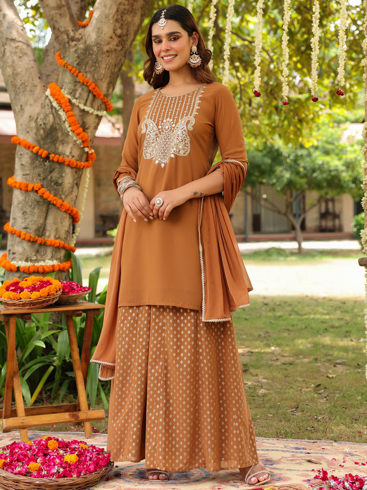 Brown Weightless Georgette Straight Embroidered 3-Piece Kurta Set