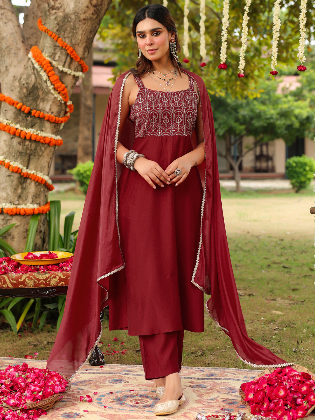 Maroon-Pv-Chanderi-A-Line-Embroidered-3-Piece-Kurta-Set